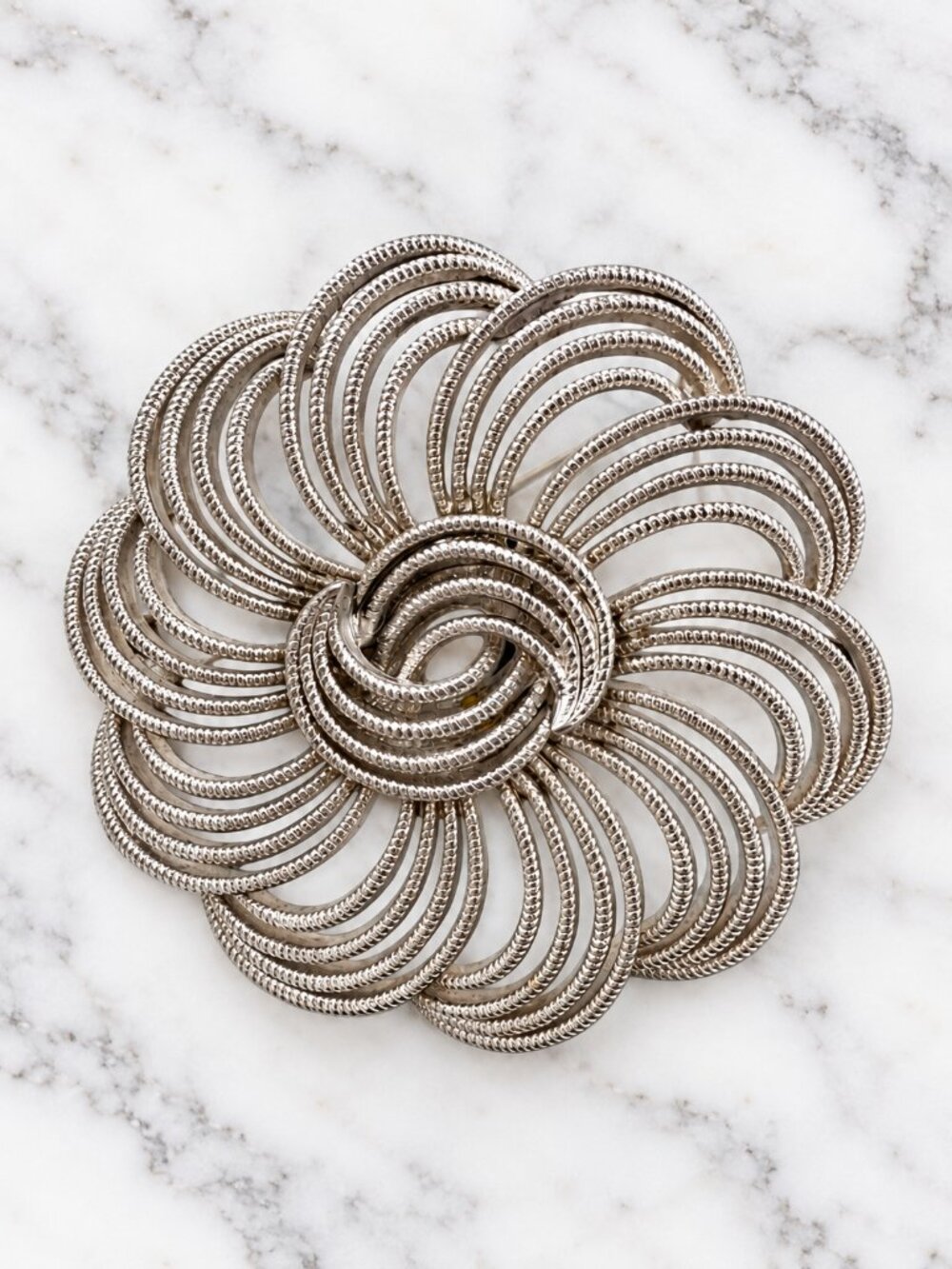 Vintage Monet Cordelia Silver Tone Flower Brooch MCM Book Piece